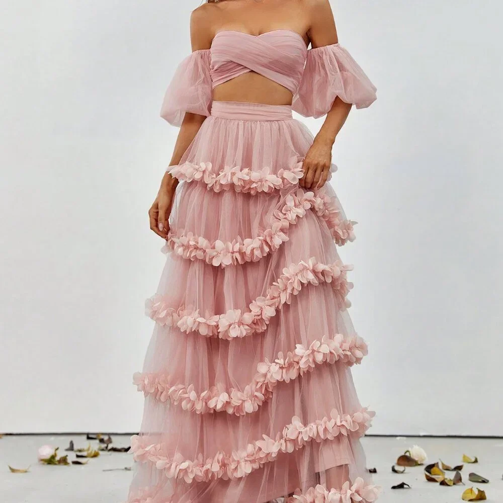 Dusty Pink Party Women's Off-Shoulder Crop Top & Ruffled Tulle Skirt Set - Picture 5 of 6